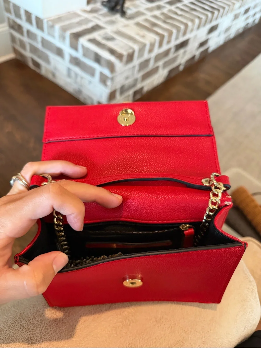 Nine West Red Leather Clutch with Gold Pearl Accent